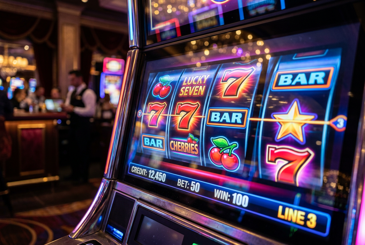 Close-up of a digital slot machine interface showing symbols.