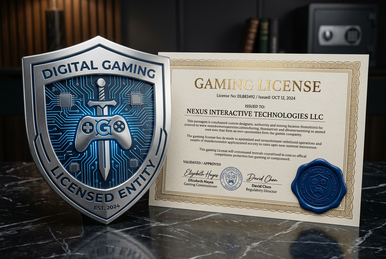 Official gaming license certificate and security icons.