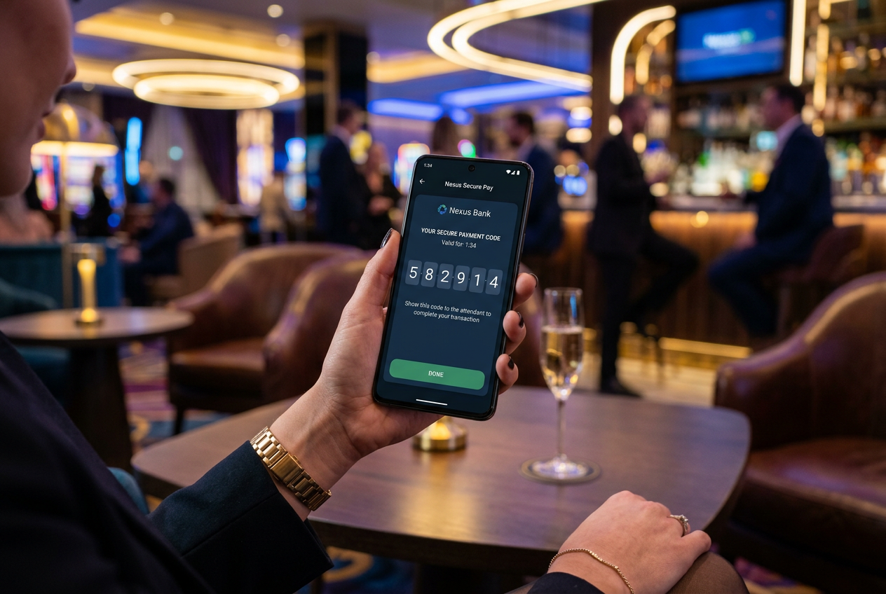 A close-up of a hand holding a smartphone with a 6-digit BLIK code on the screen in a modern casino environment.