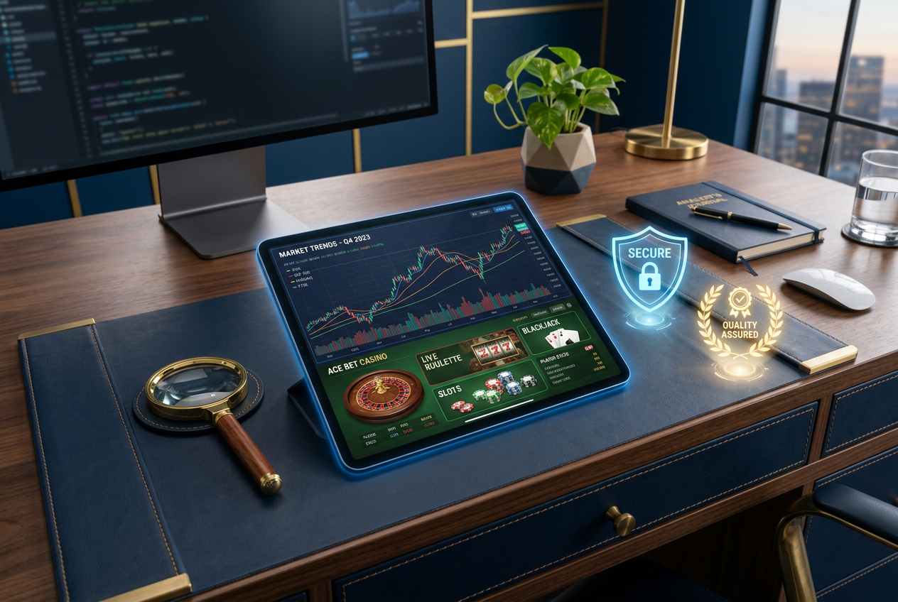 An analyst's desk with a tablet showing financial data and casino interface elements, representing professional review.