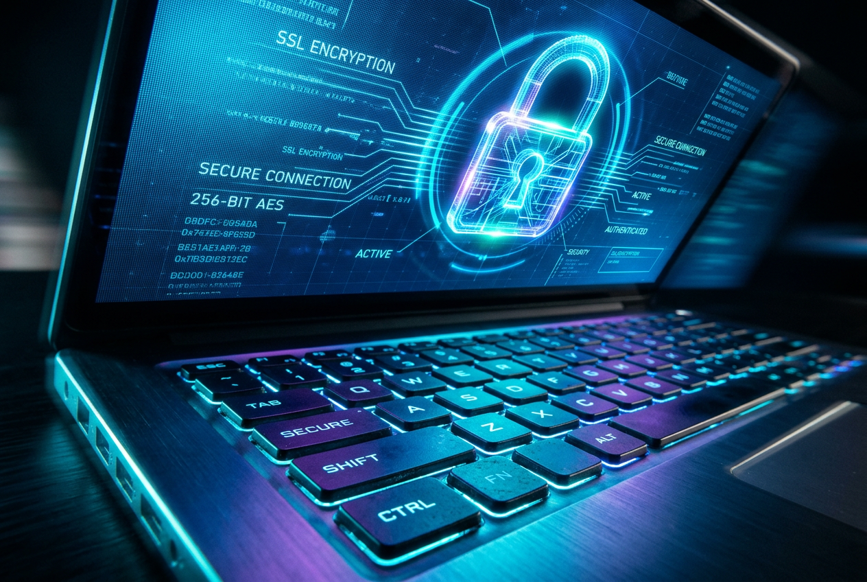 A digital padlock icon glowing on a laptop screen symbolizing cybersecurity.