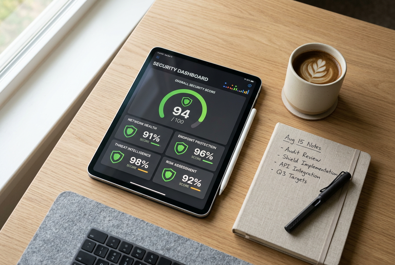 A professional workspace with charts and a digital tablet showing casino security metrics.